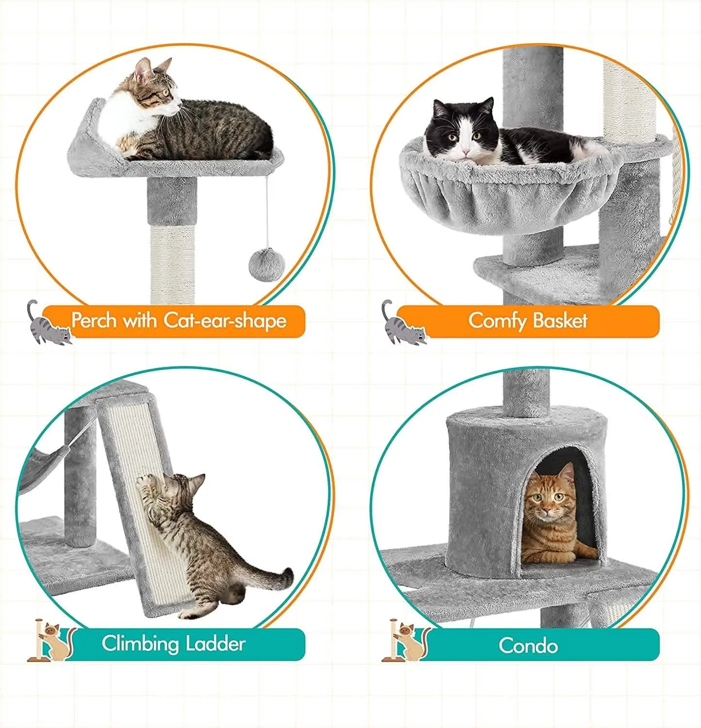63.5" Deluxe Multi-Level Cat Tree Tower - Complete Activity Center with Scratching Posts, Platforms & Hammock