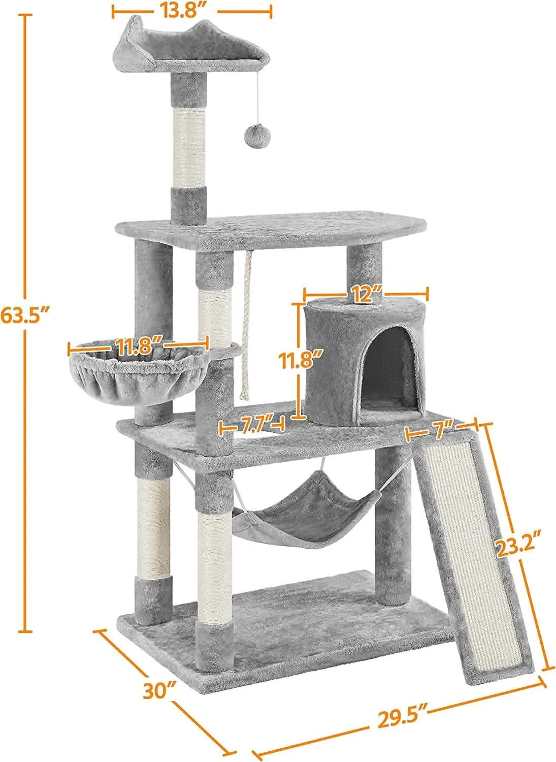 63.5" Deluxe Multi-Level Cat Tree Tower - Complete Activity Center with Scratching Posts, Platforms & Hammock