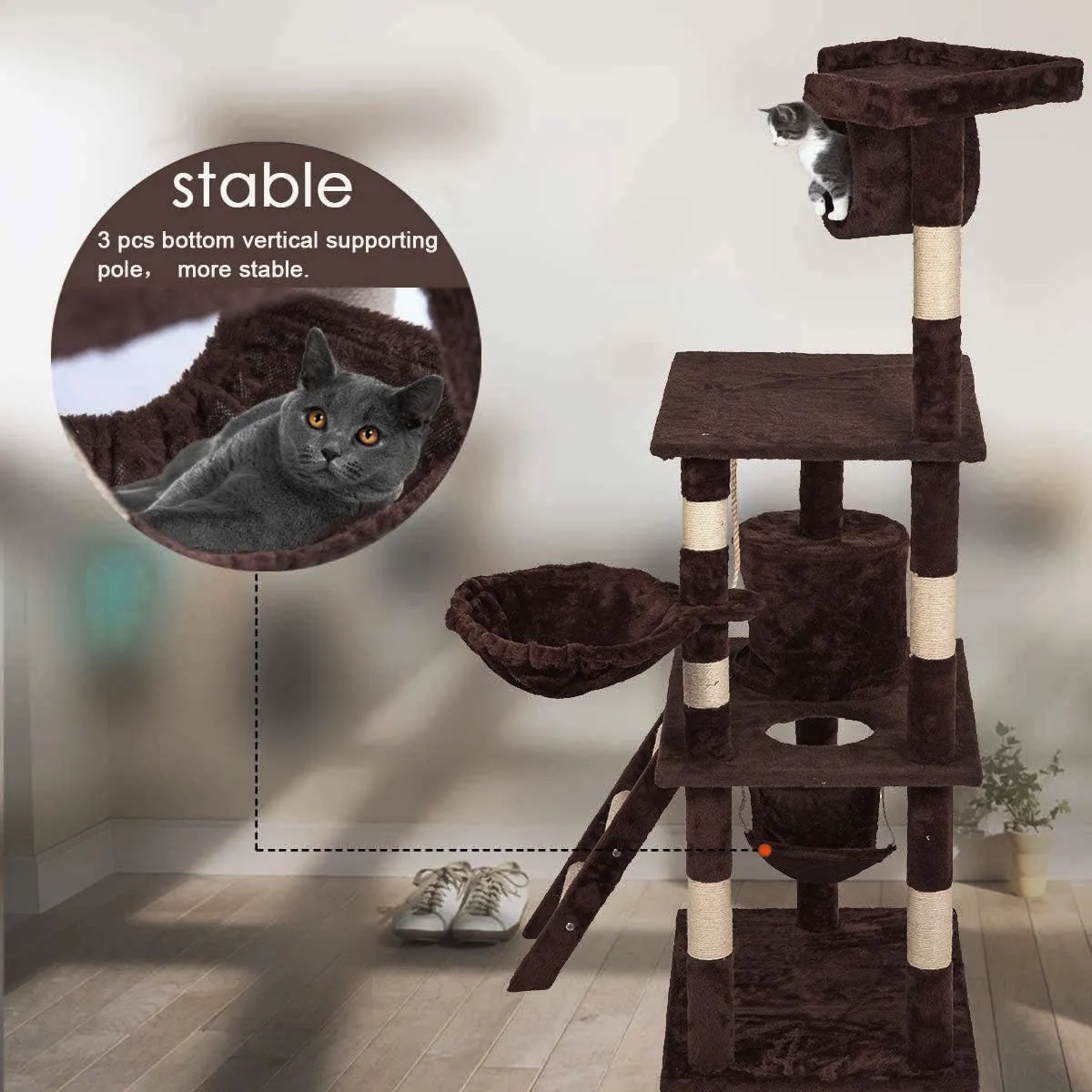 Cat Tree Scratching Post Scratcher Tower Toys Condo House Wood Furniture Bed Stand - dark brown