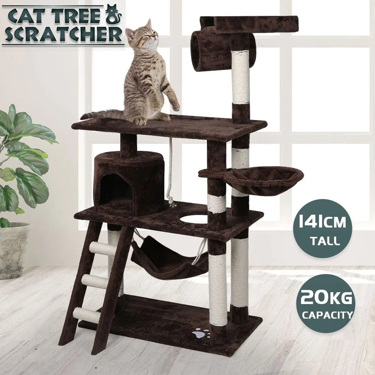 Cat Tree Scratching Post Scratcher Tower Toys Condo House Wood Furniture Bed Stand - dark brown