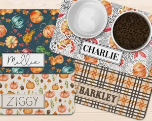 Fall Pumpkin Print Personalized Dog Food Bowl Mat