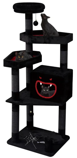 Gothic Cat Tree with Coffin Bed，62.5" Black Cat Tower with Spacious Demon Styled Cat Condo