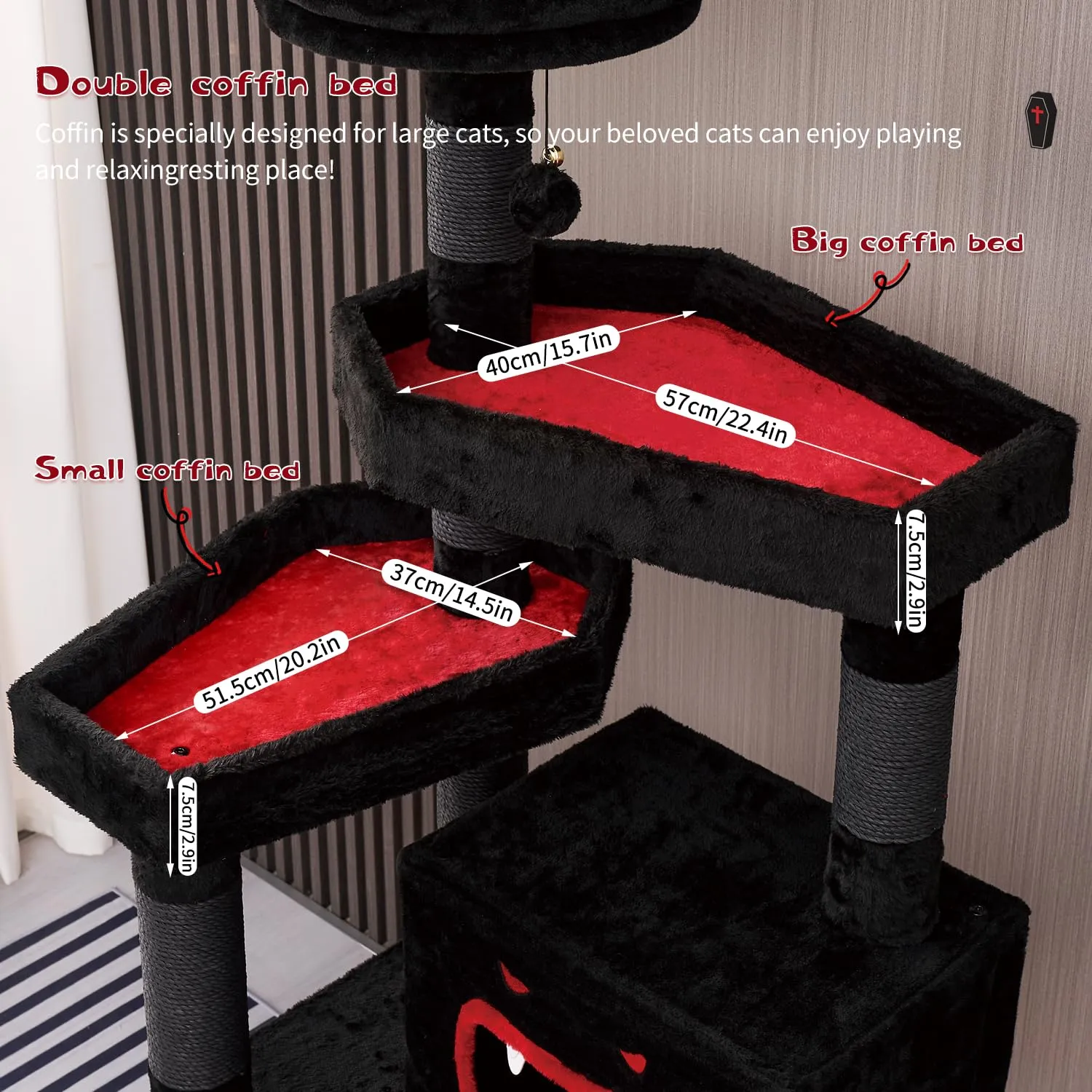 Gothic Cat Tree with Coffin Bed，62.5" Black Cat Tower with Spacious Demon Styled Cat Condo