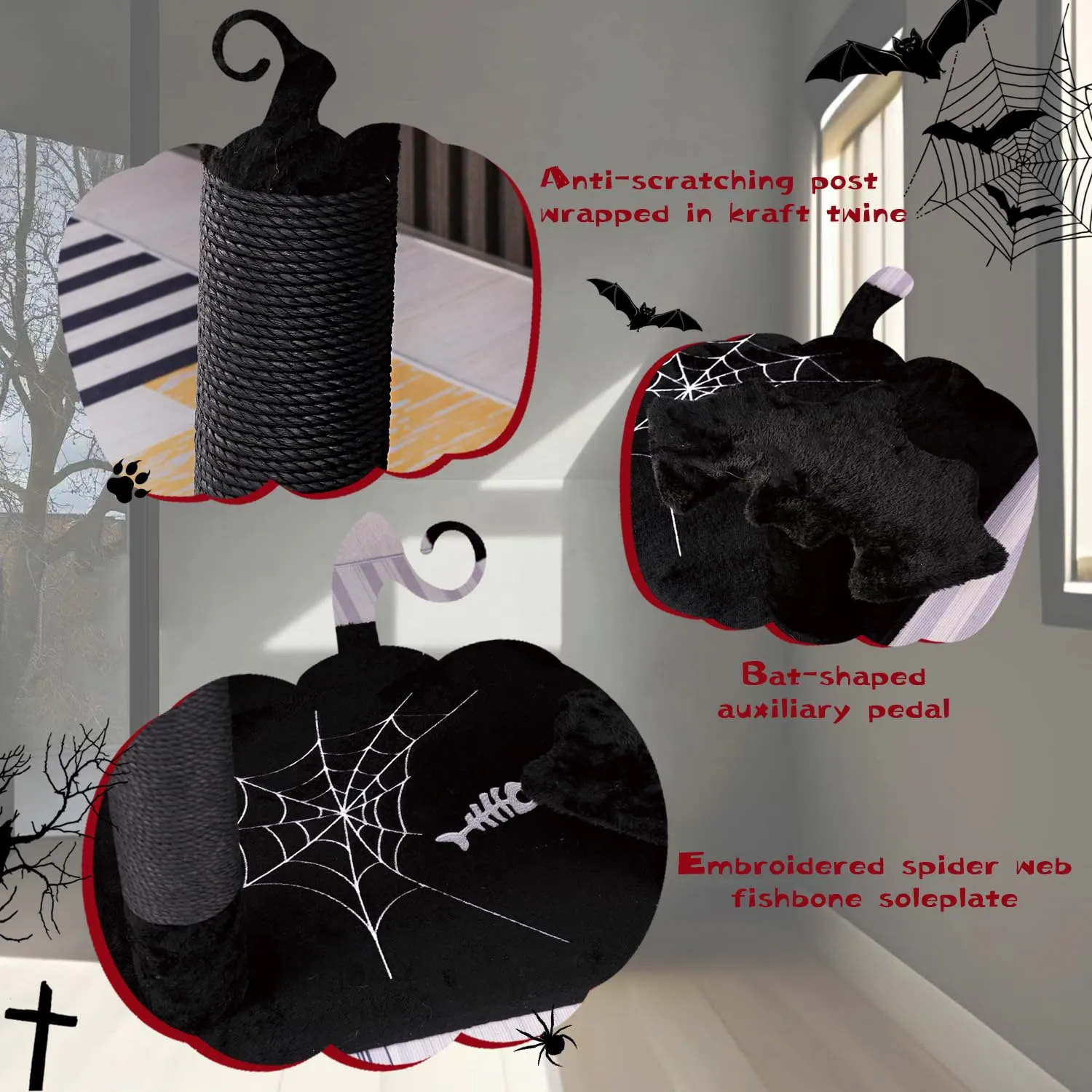 Gothic Cat Tree with Coffin Bed，62.5" Black Cat Tower with Spacious Demon Styled Cat Condo