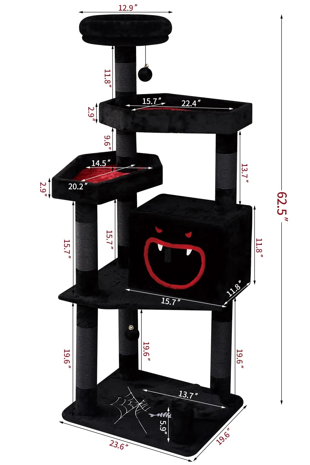 Gothic Cat Tree with Coffin Bed，62.5" Black Cat Tower with Spacious Demon Styled Cat Condo