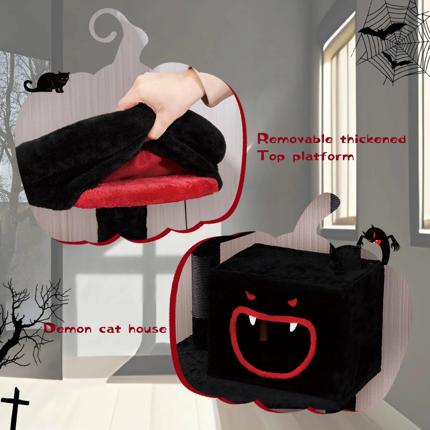 Gothic Cat Tree with Coffin Bed，62.5" Black Cat Tower with Spacious Demon Styled Cat Condo
