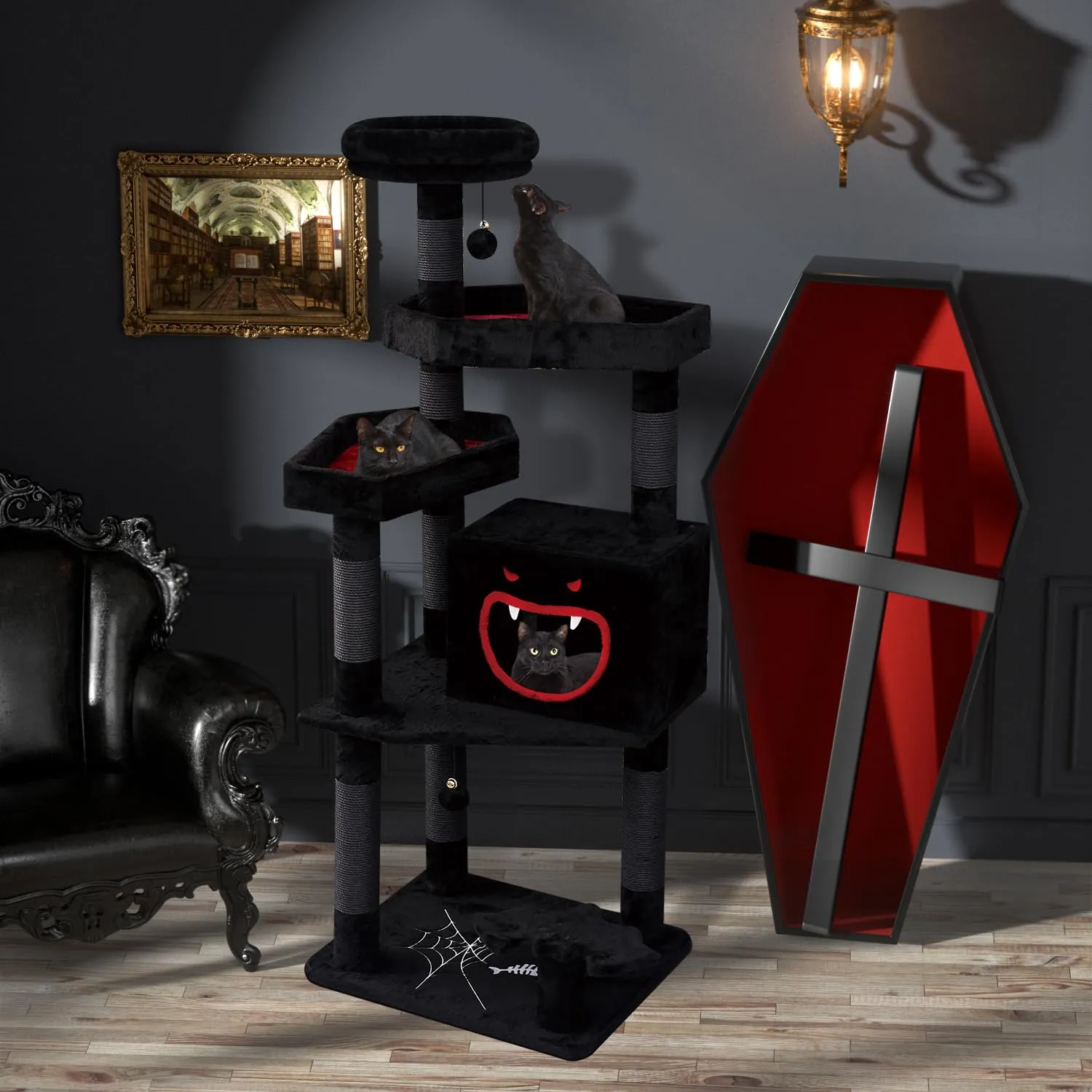 Gothic Cat Tree with Coffin Bed，62.5" Black Cat Tower with Spacious Demon Styled Cat Condo