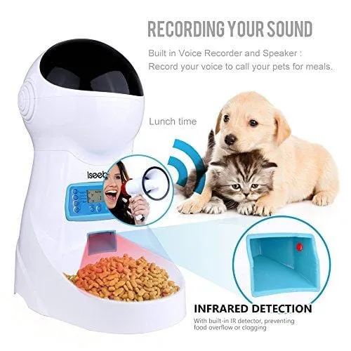 Iseebiz Automatic Cat Feeder 3L Pet Food Dispenser Feeder for Medium & Large Cat Dog--4 Meal, Voice Recorder & Timer Programmable, Portion Control