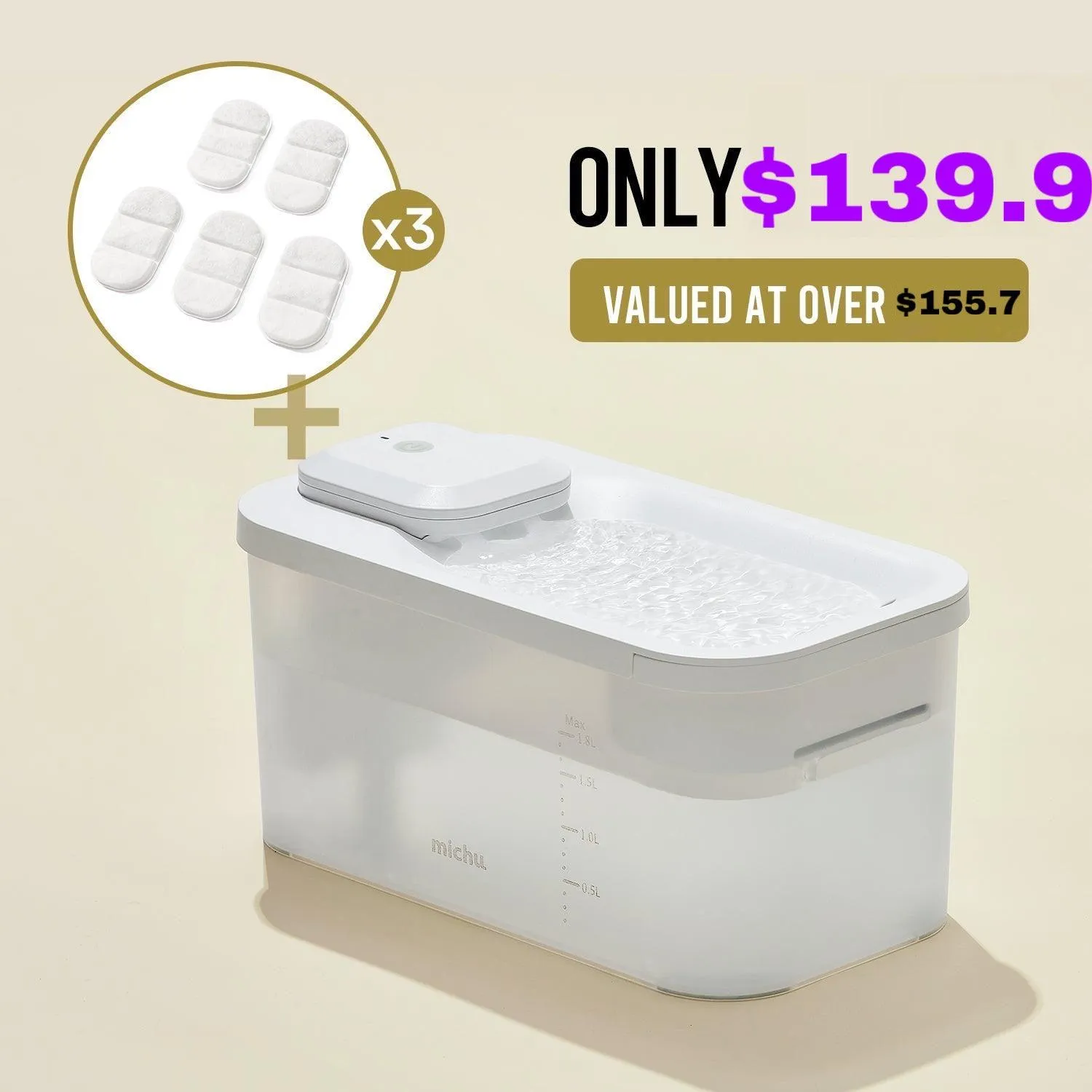 Michu Wireless Cat Water Fountain - Battery Operated Dispenser for Healthy Hydration