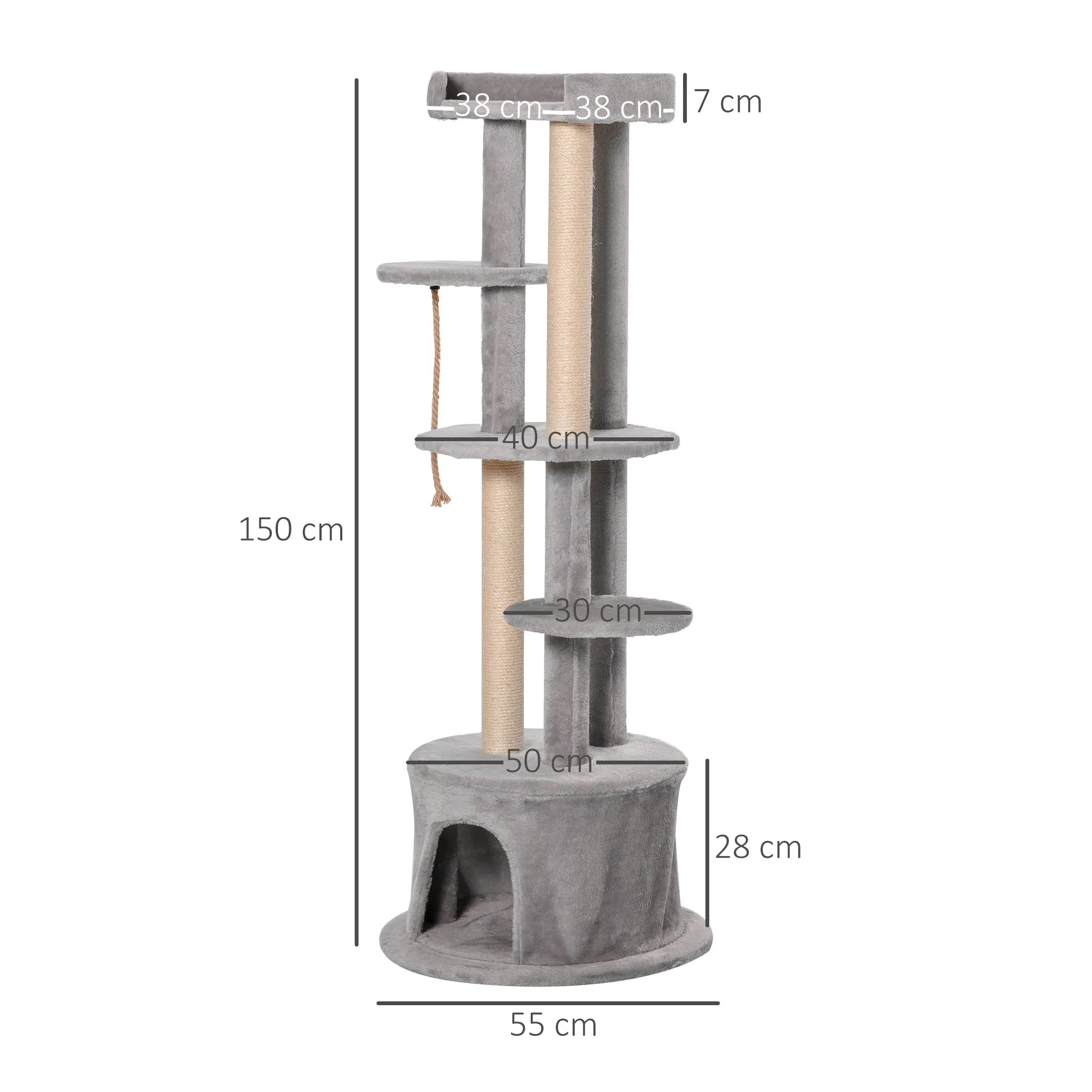 PawHut 55 x 150H cm Cat Tree Multi-level Kitten Tower w/ Scratching Post Condo Plush Perches Grey