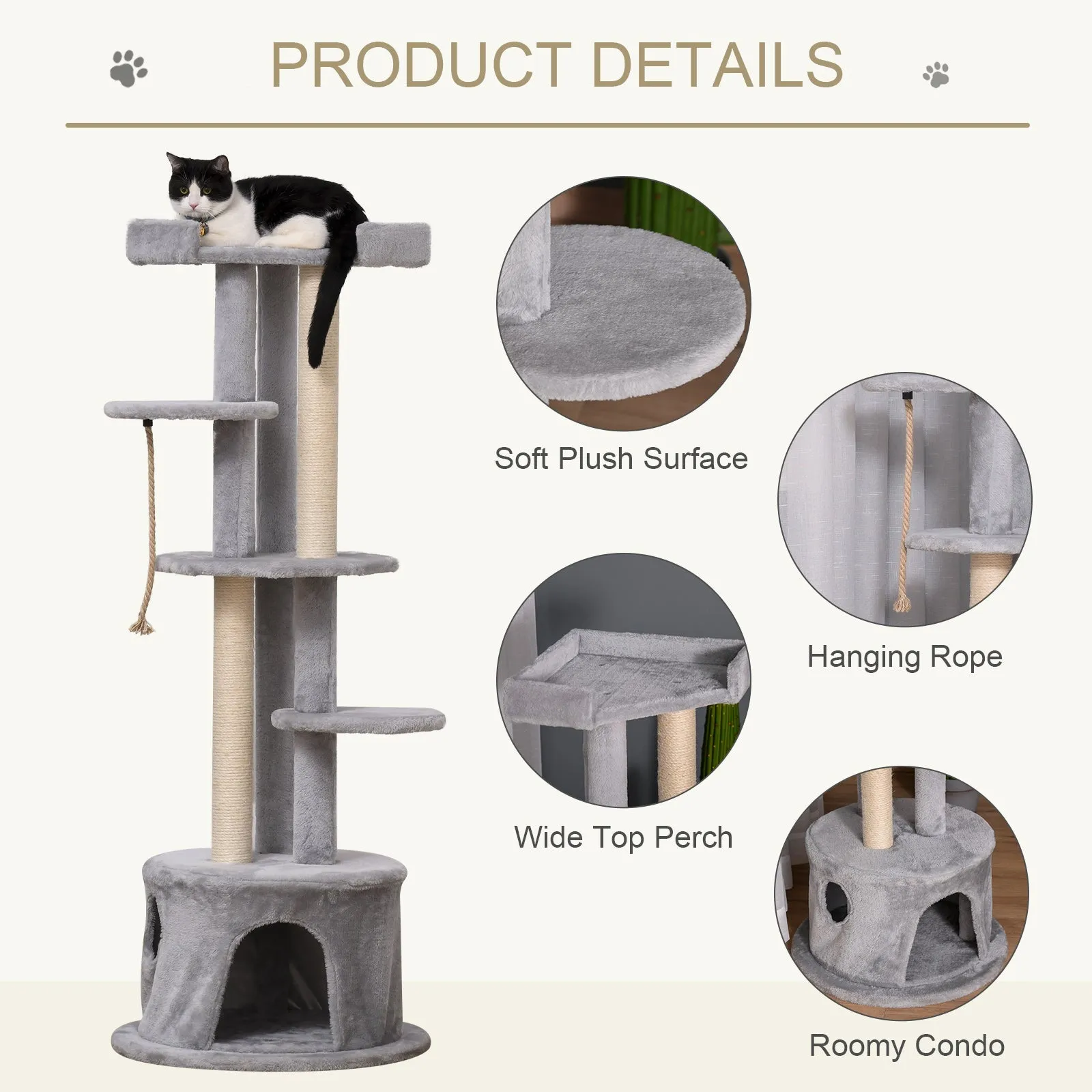 PawHut 55 x 150H cm Cat Tree Multi-level Kitten Tower w/ Scratching Post Condo Plush Perches Grey