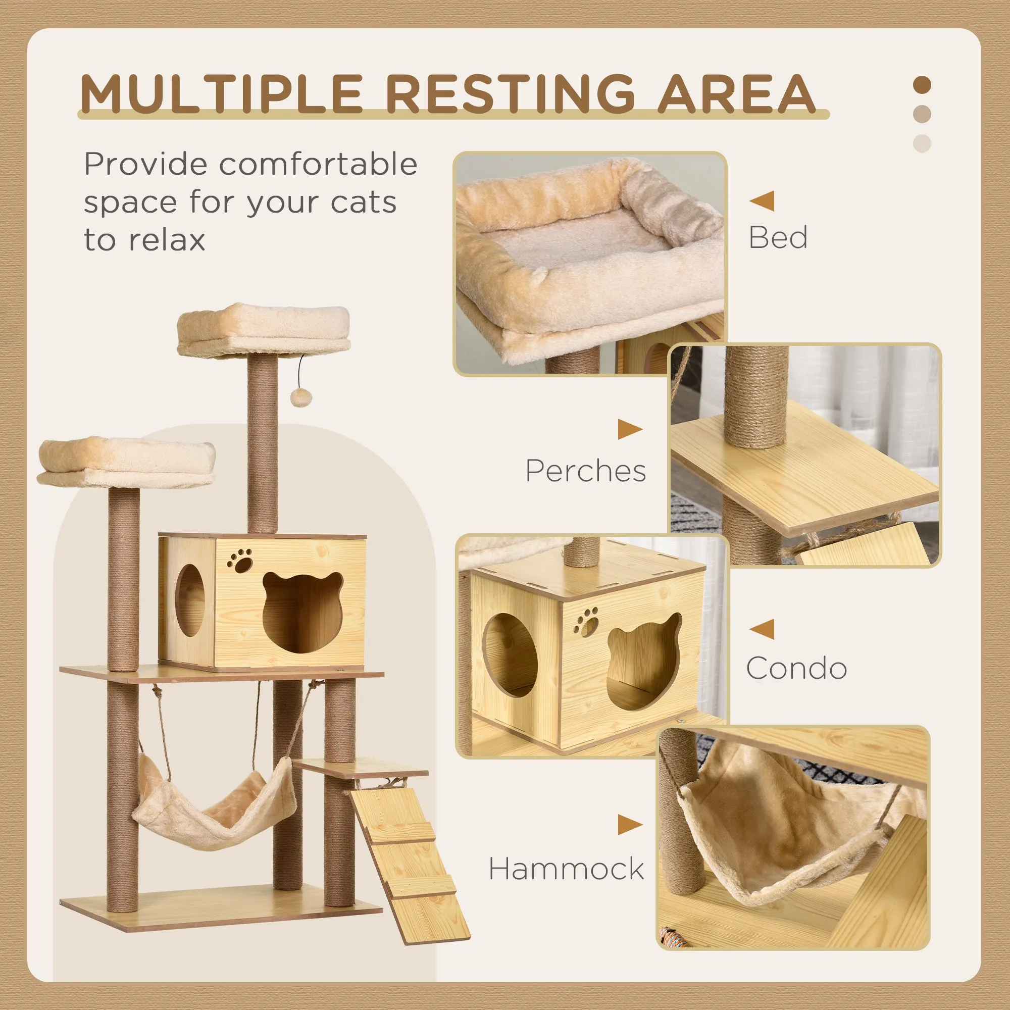 PawHut Cat Tree, 130cm Cat Tree for Indoor Cats, Multi-Level Plush Cat Tower
