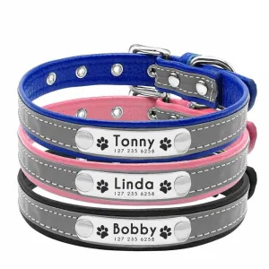 Personalized Dog Collar Reflective Leather ID Name Custom Engraved