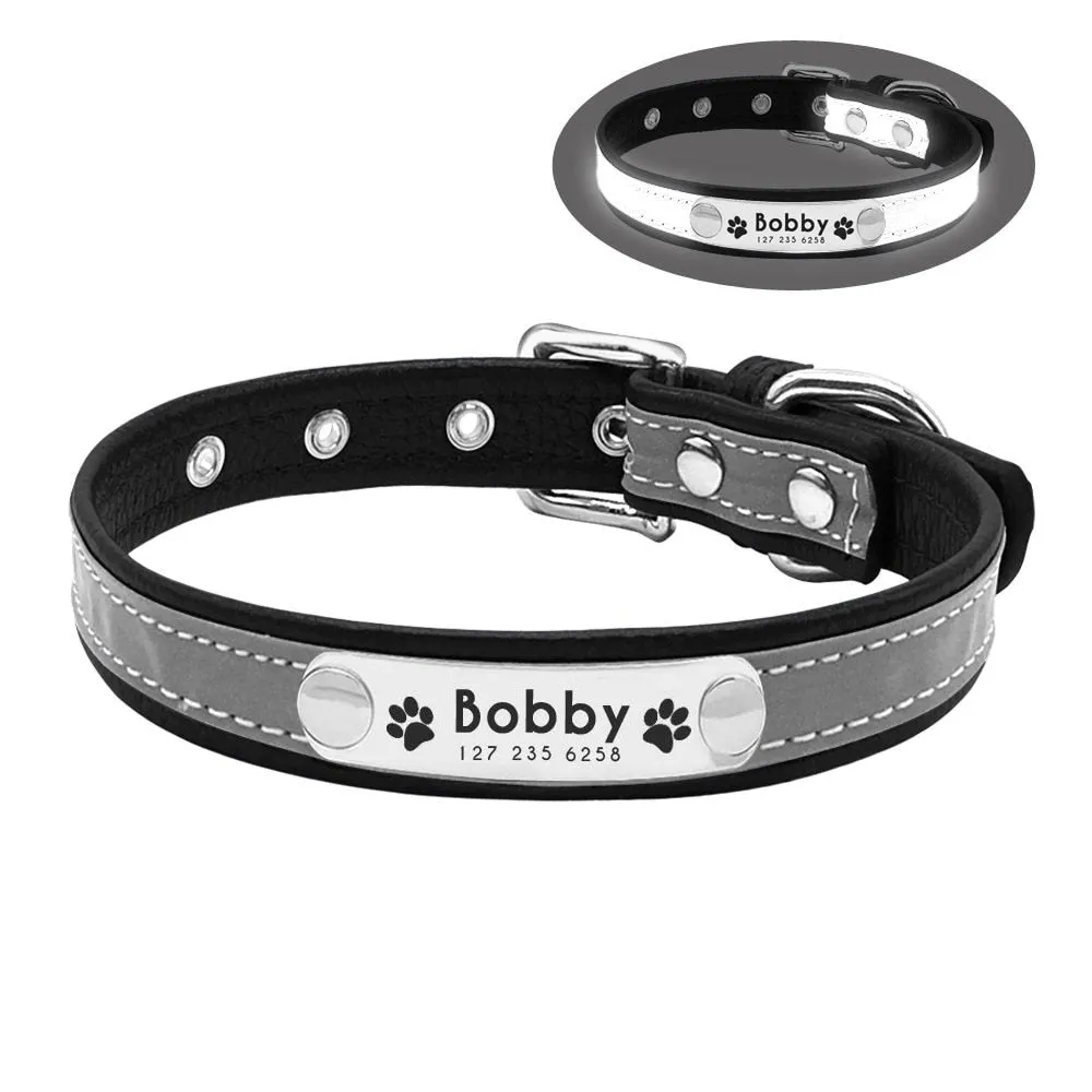 Personalized Dog Collar Reflective Leather ID Name Custom Engraved