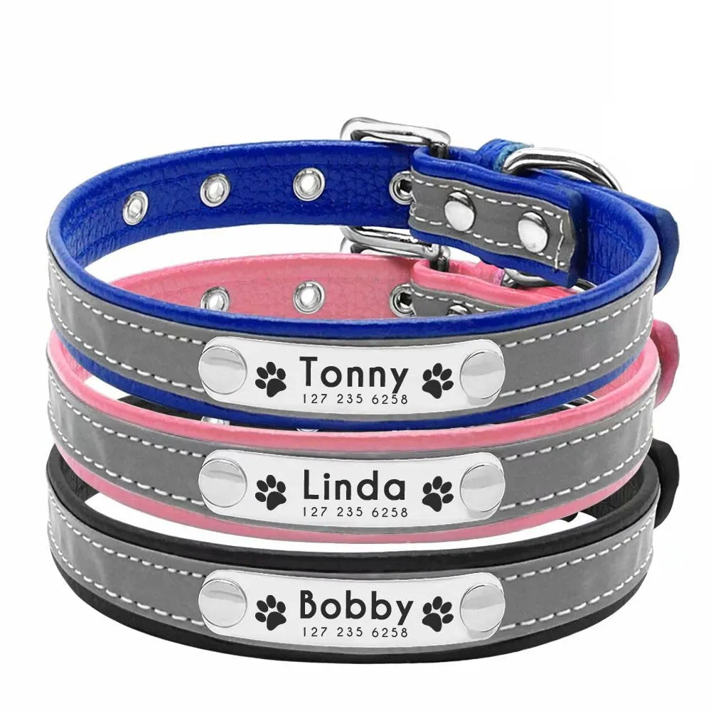 Personalized Dog Collar Reflective Leather ID Name Custom Engraved