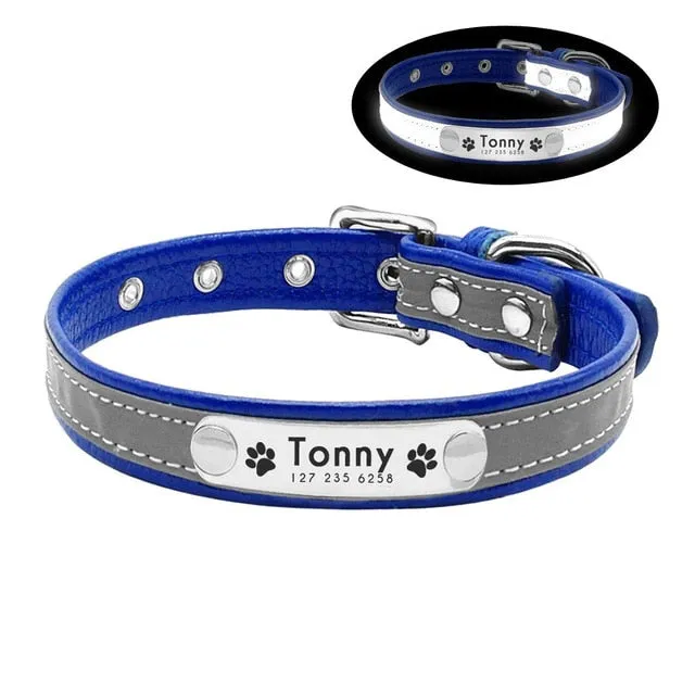 Personalized Dog Collar Reflective Leather ID Name Custom Engraved