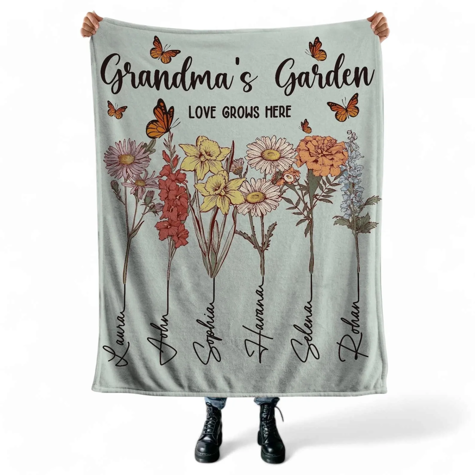 Personalized Grandma's Garden Family Tree Blanket - Custom Family Flower Design