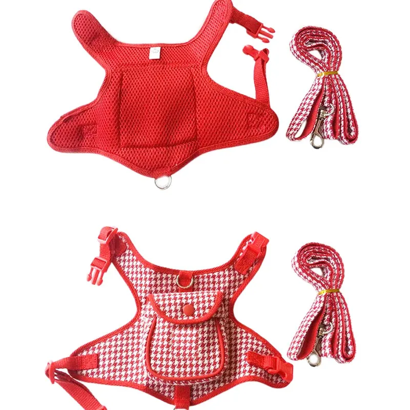 Pet Houndstooth Harness With Snack Pocket   Leash Set