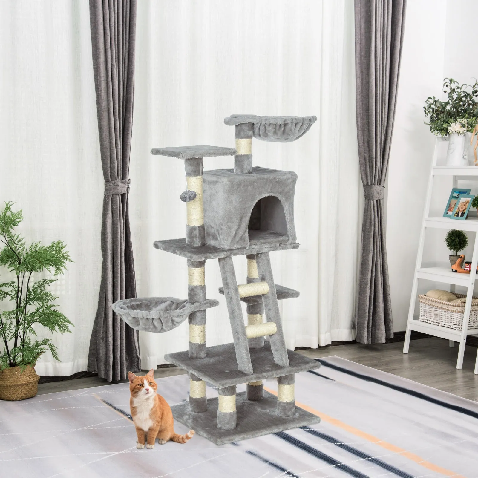 Plush Cat Tree, 125cm Cat Scratching Post for Indoor Large Cats with Hammock and Condo Activity Center Grey