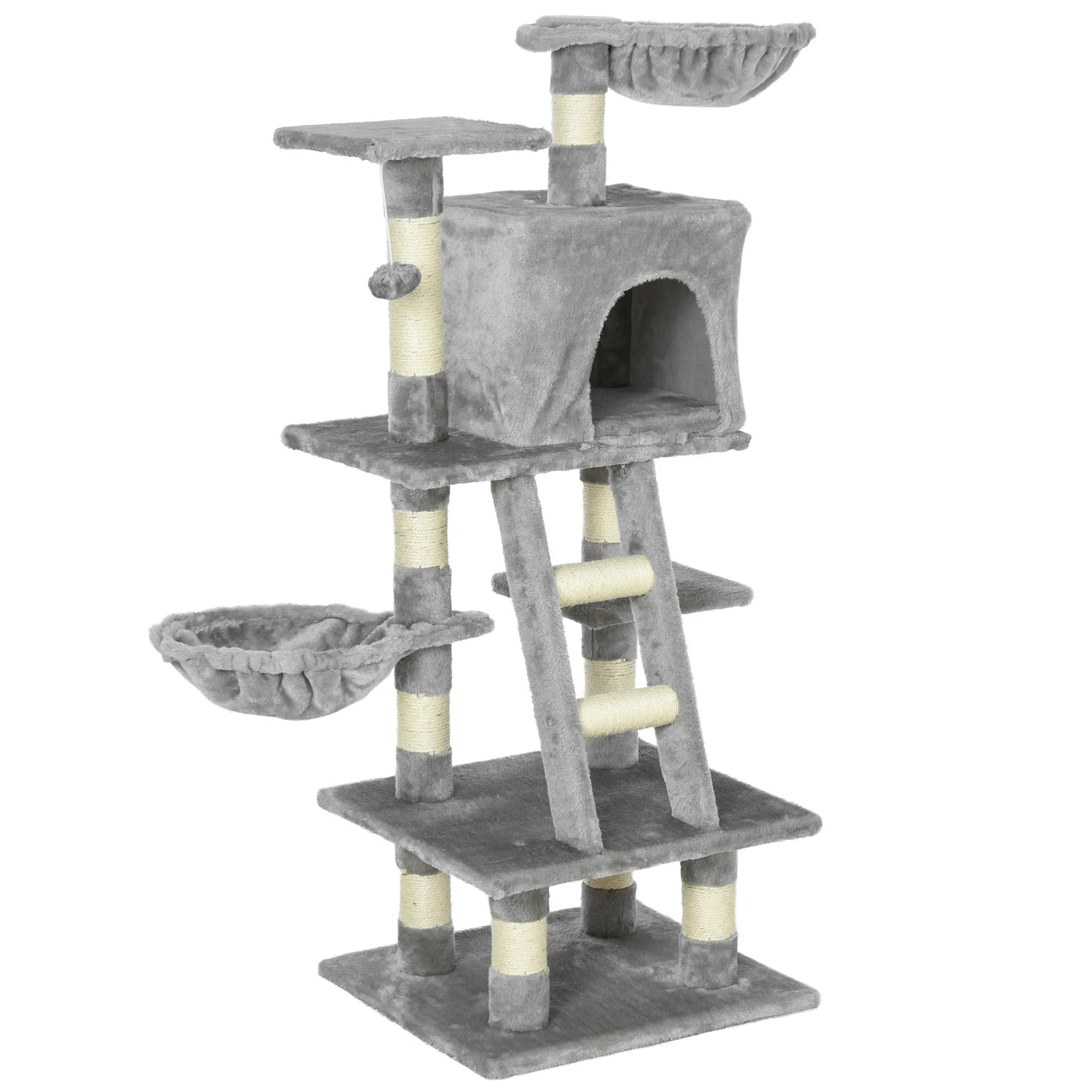 Plush Cat Tree, 125cm Cat Scratching Post for Indoor Large Cats with Hammock and Condo Activity Center Grey