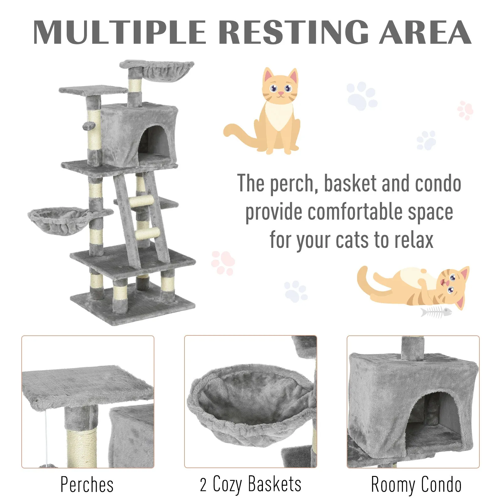 Plush Cat Tree, 125cm Cat Scratching Post for Indoor Large Cats with Hammock and Condo Activity Center Grey