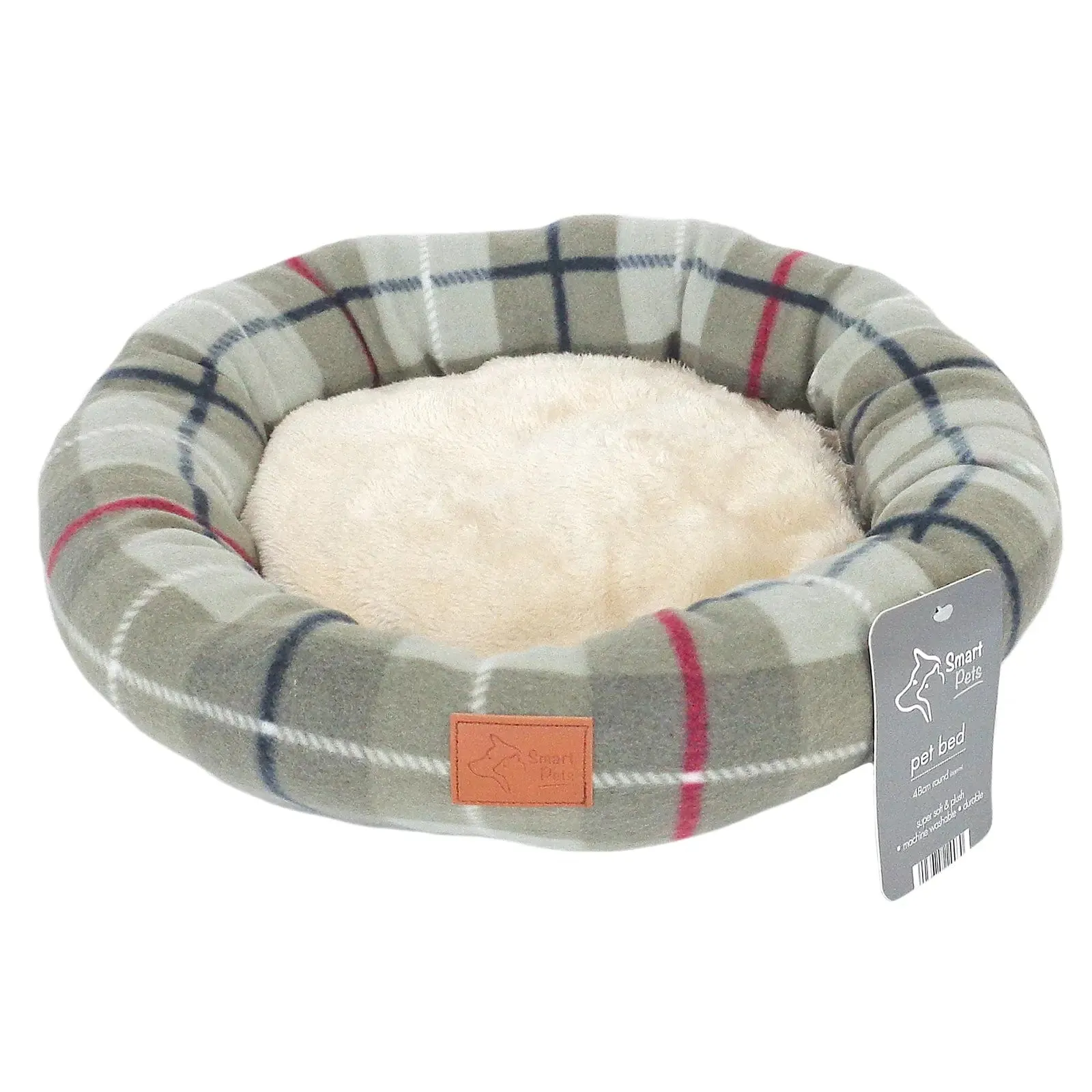 Round Pet Bed Dog Cat Cushion Tartan Fleece Check Pattern 48cm