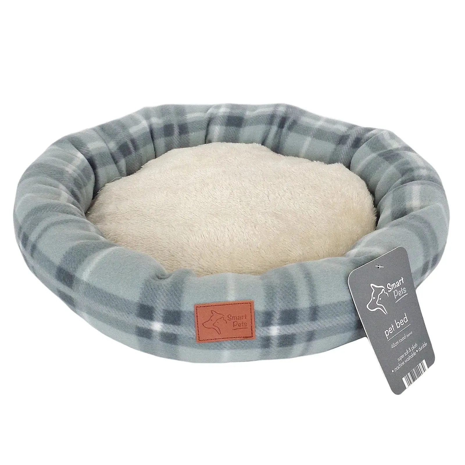 Round Pet Bed Dog Cat Cushion Tartan Fleece Check Pattern 48cm