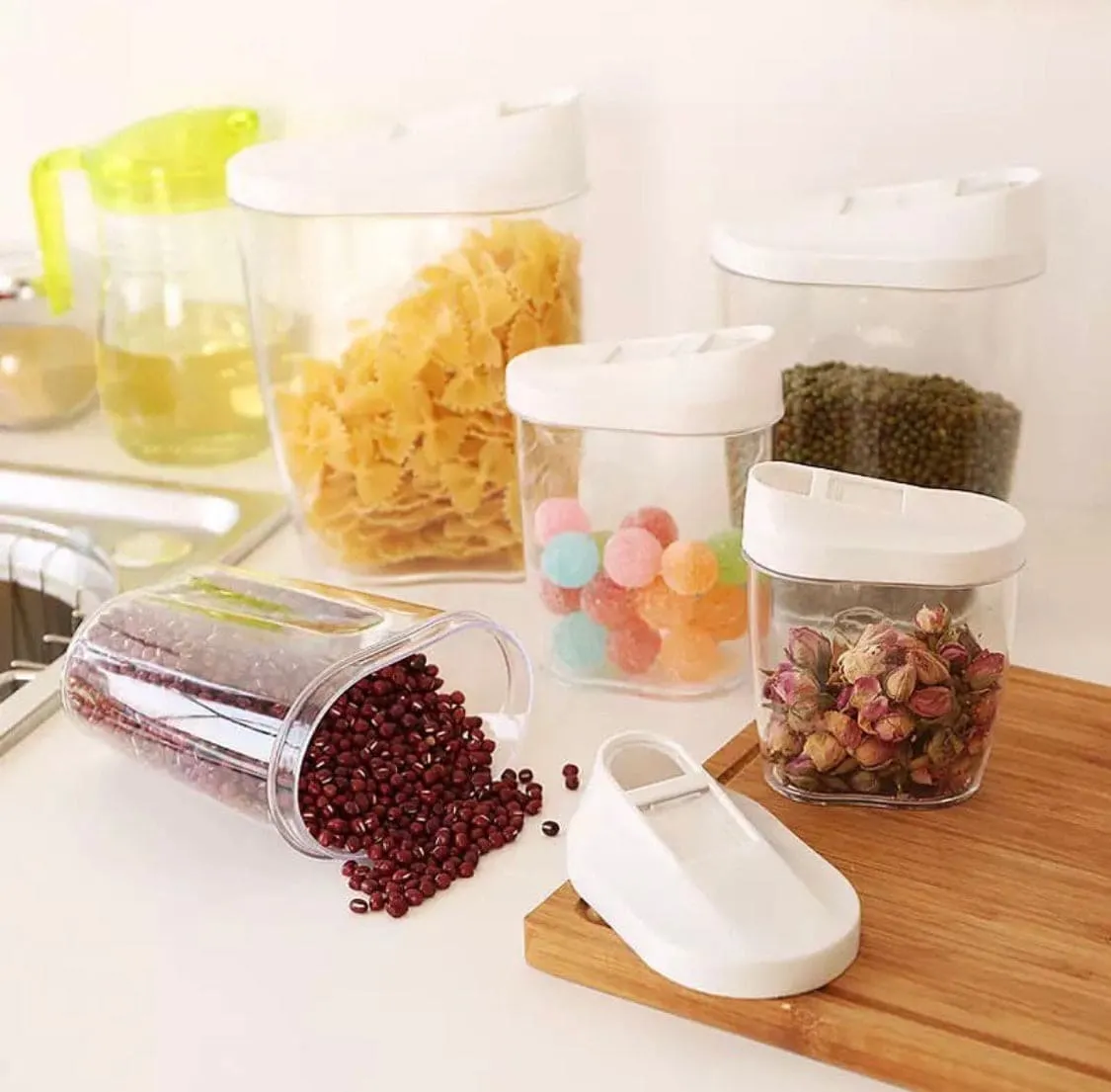 Set Of 5 Food Grade Plastic Food Sealed Cans, Cereal Containers Storage Set, Transparent Food Stuff Canister Keep Fresh Jar Set
