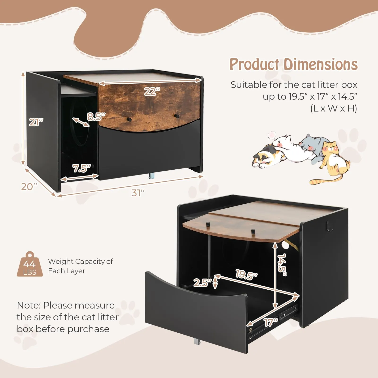 Tangkula Litter Box Enclosure, Hidden Cat Washroom with Pull-Out Drawer, Rolling Caster, Flip Door (Black Rustic Brown)