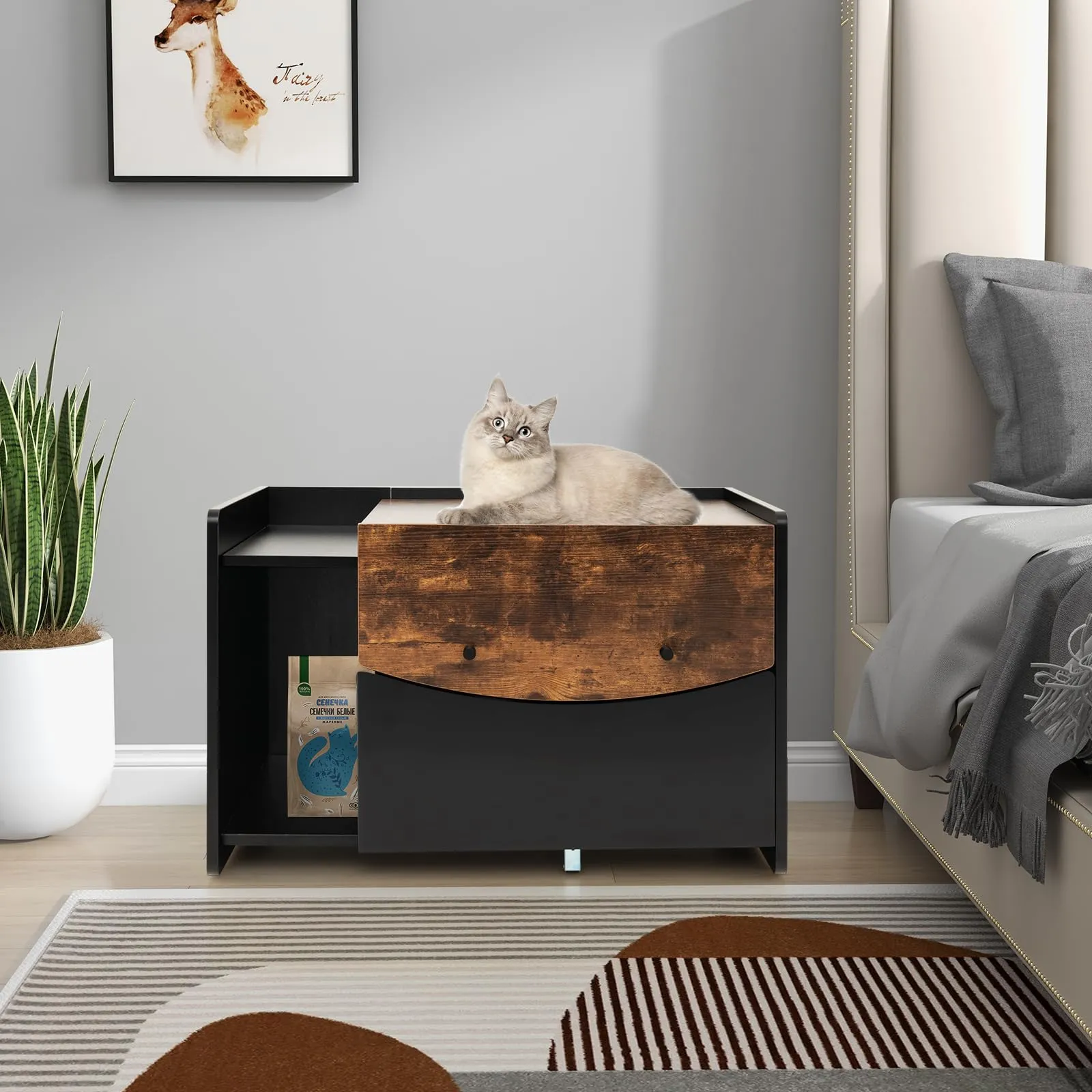 Tangkula Litter Box Enclosure, Hidden Cat Washroom with Pull-Out Drawer, Rolling Caster, Flip Door (Black Rustic Brown)