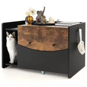 Tangkula Litter Box Enclosure, Hidden Cat Washroom with Pull-Out Drawer, Rolling Caster, Flip Door (Black Rustic Brown)