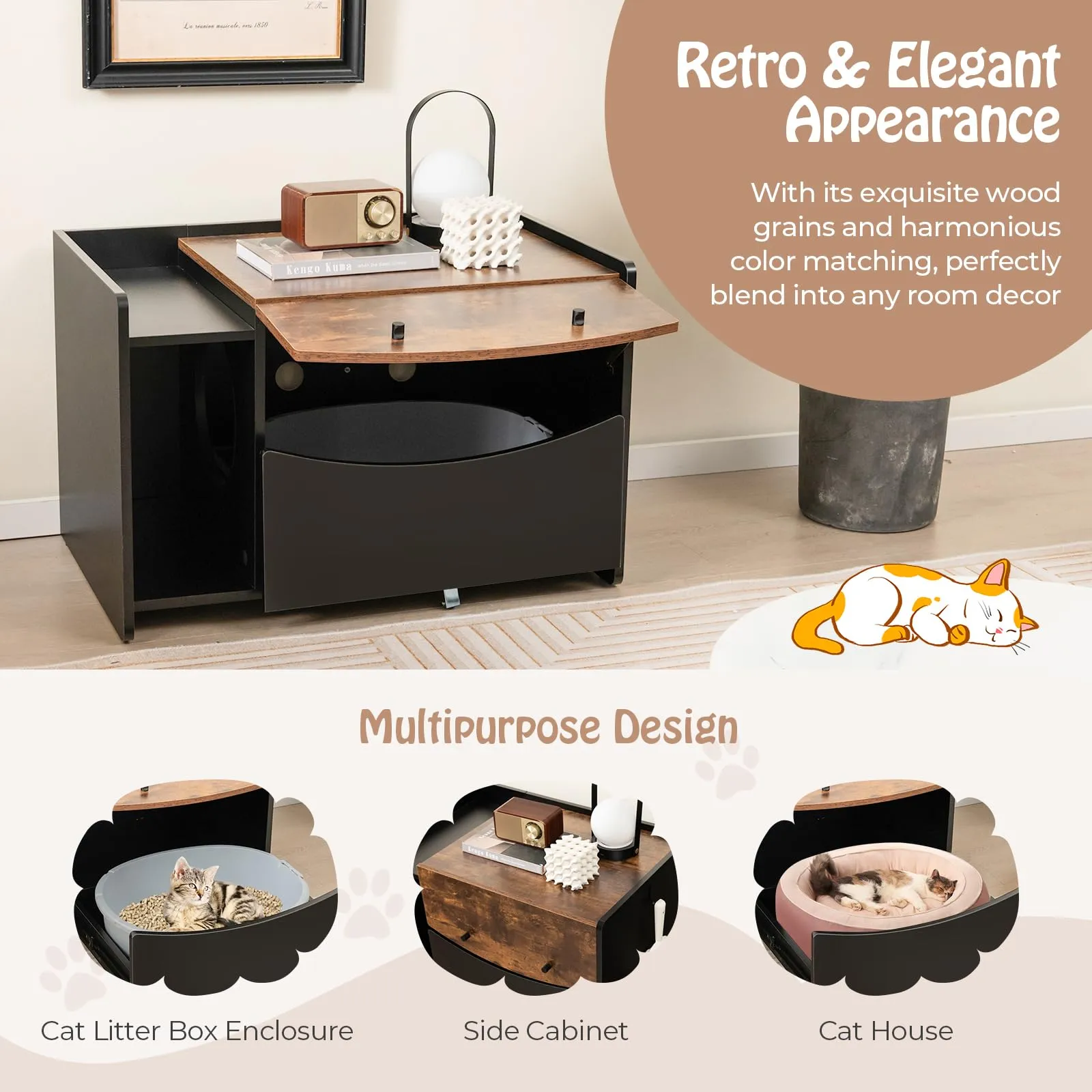 Tangkula Litter Box Enclosure, Hidden Cat Washroom with Pull-Out Drawer, Rolling Caster, Flip Door (Black Rustic Brown)