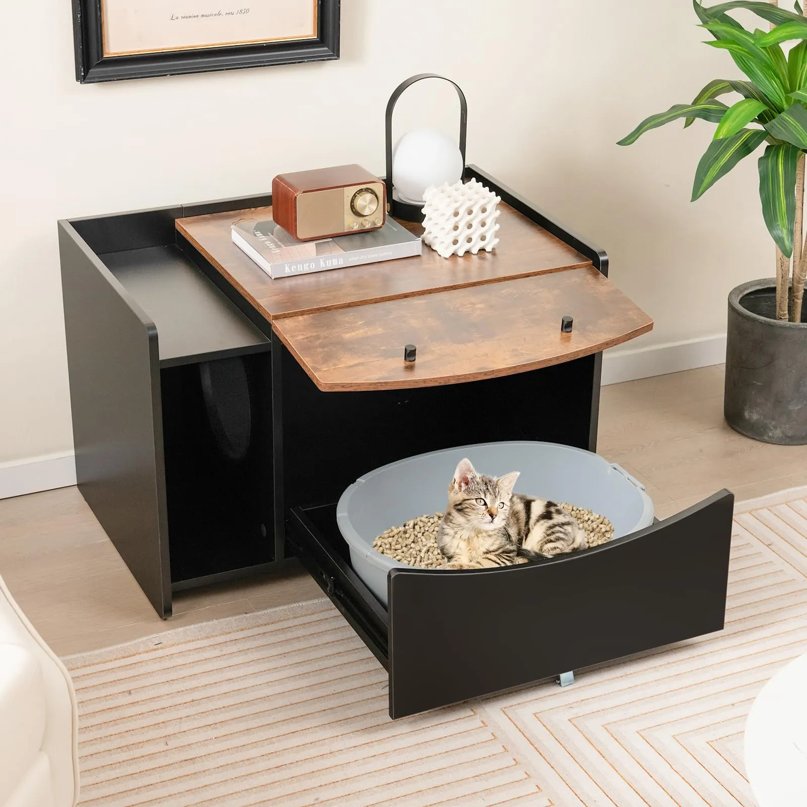 Tangkula Litter Box Enclosure, Hidden Cat Washroom with Pull-Out Drawer, Rolling Caster, Flip Door (Black Rustic Brown)