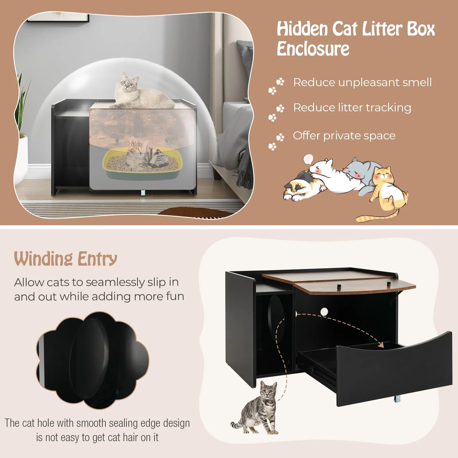 Tangkula Litter Box Enclosure, Hidden Cat Washroom with Pull-Out Drawer, Rolling Caster, Flip Door (Black Rustic Brown)