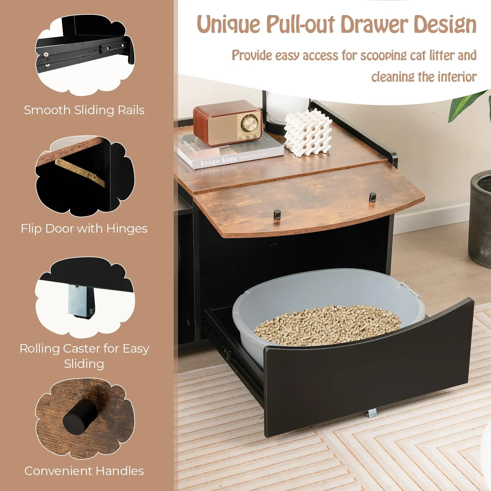 Tangkula Litter Box Enclosure, Hidden Cat Washroom with Pull-Out Drawer, Rolling Caster, Flip Door (Black Rustic Brown)