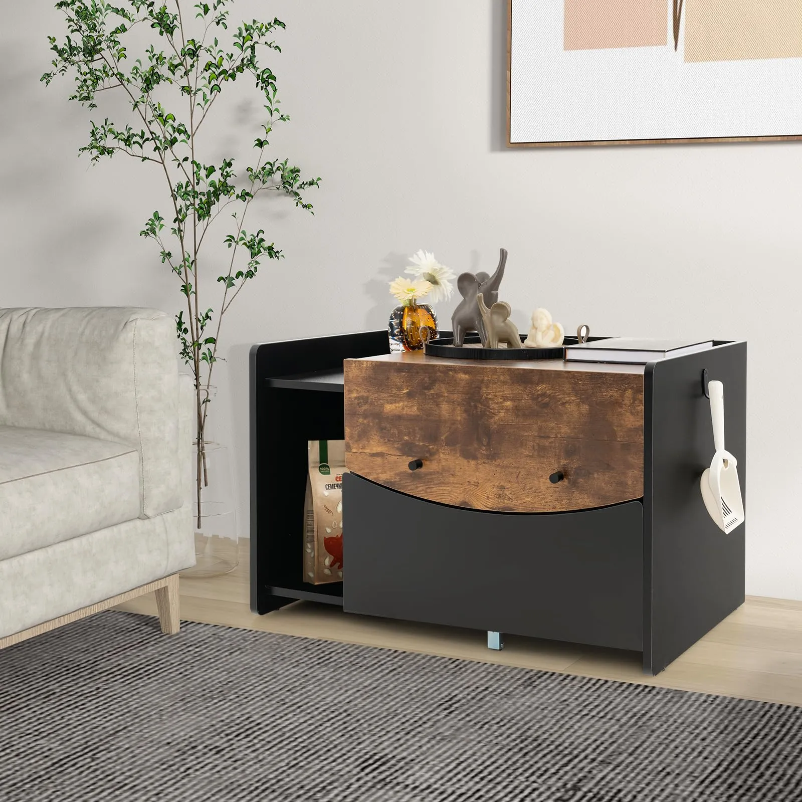 Tangkula Litter Box Enclosure, Hidden Cat Washroom with Pull-Out Drawer, Rolling Caster, Flip Door (Black Rustic Brown)