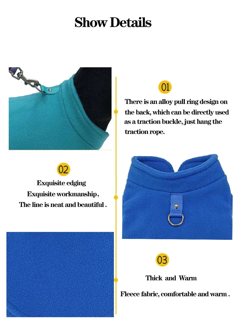 Warm Fleece Vest for Small Dogs and Cats with D-Ring Attachment